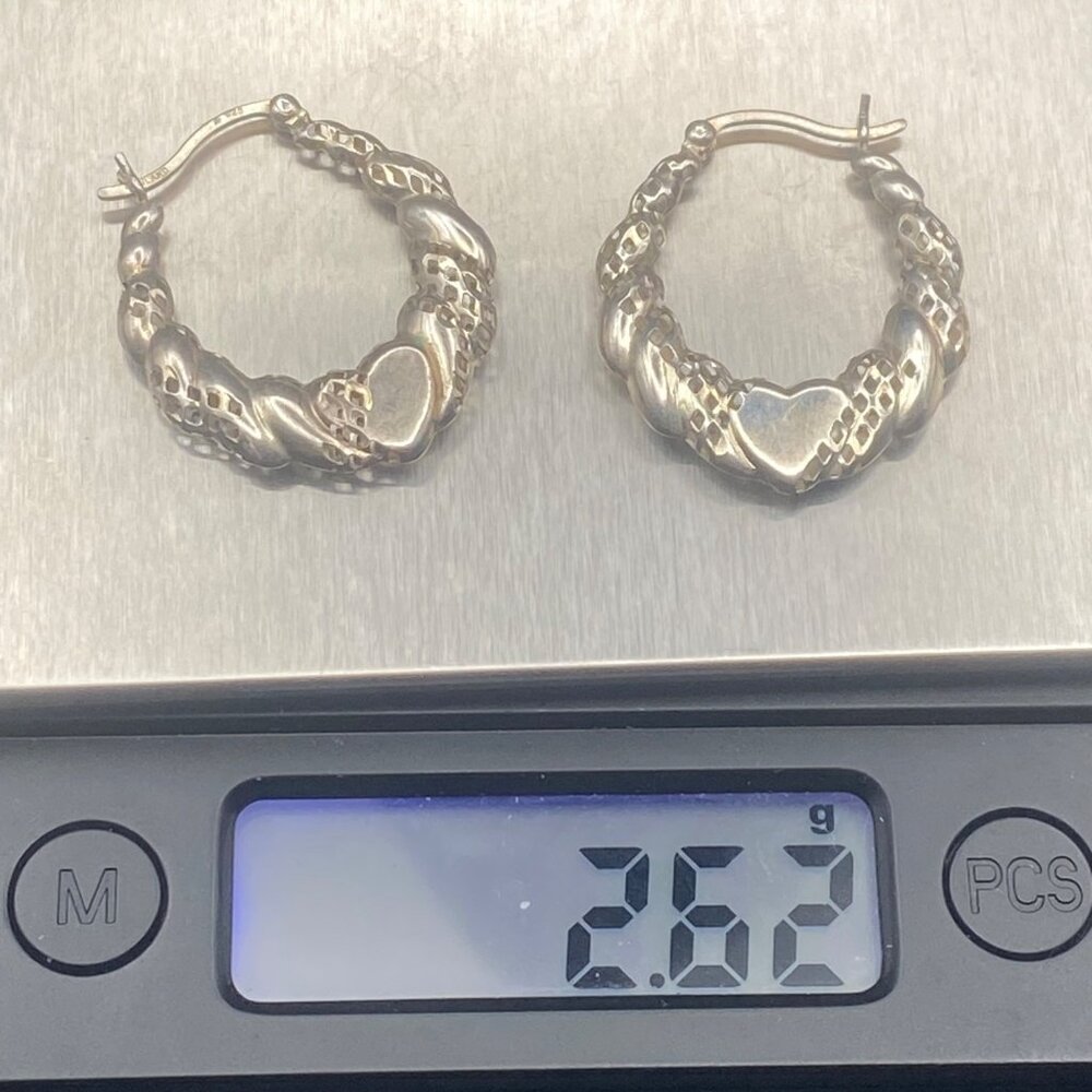 Sterling Silver 925 Heart Hoop Earrings Textured Diamond Cut Thailand 1" 2.62g - Picture 6 of 9